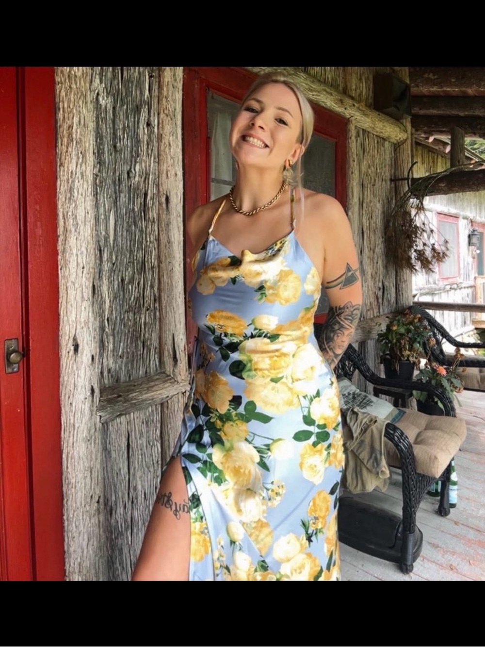 Light Blue Floral Midi Slip Dress with Yellow Rose Print